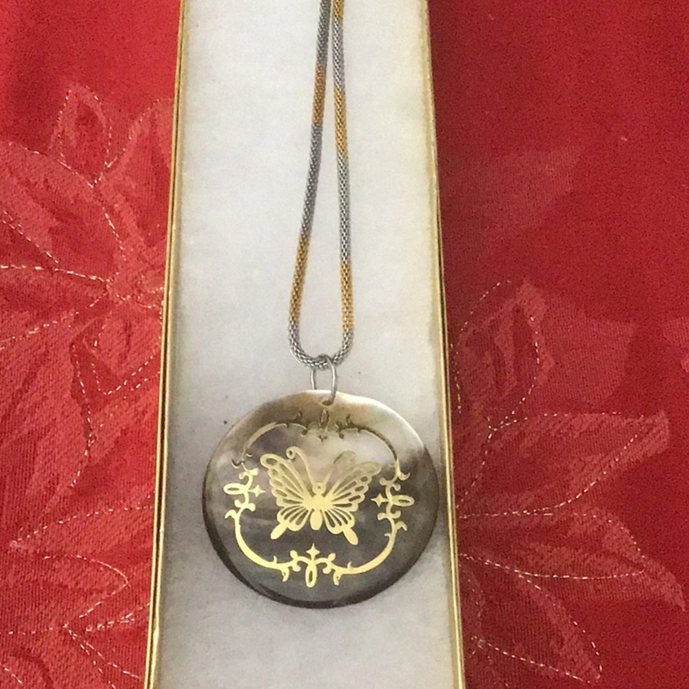 Butterfly Abalone Shell Pendant w/ 2 Tone Stainless Steel Chain.